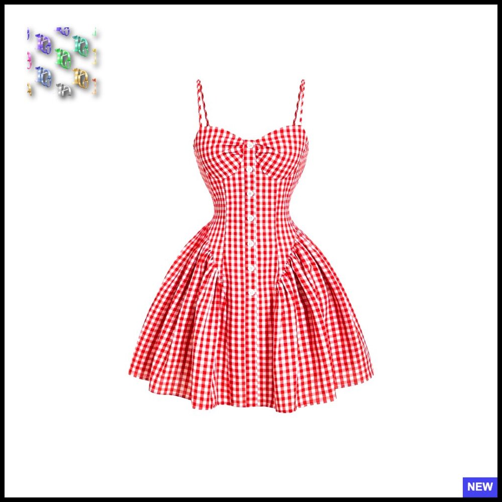 Plaid Cami Dress Spaghetti Strap Ruffle Hem Button Front Short Casual